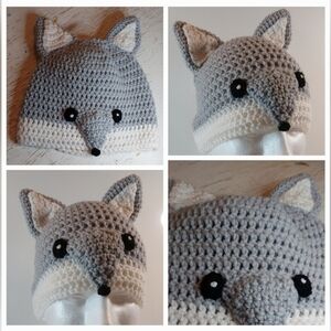 Grey Fox Handmade Adult Beanie Crochet Stocking Hat Animal Winter Warm Cozy